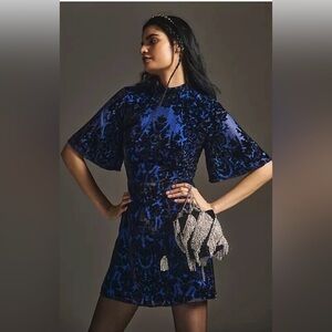 NWOT Anthropologie Mock Neck Velvet Burnout Mini Dress Bell Kimono Blue 6 $180